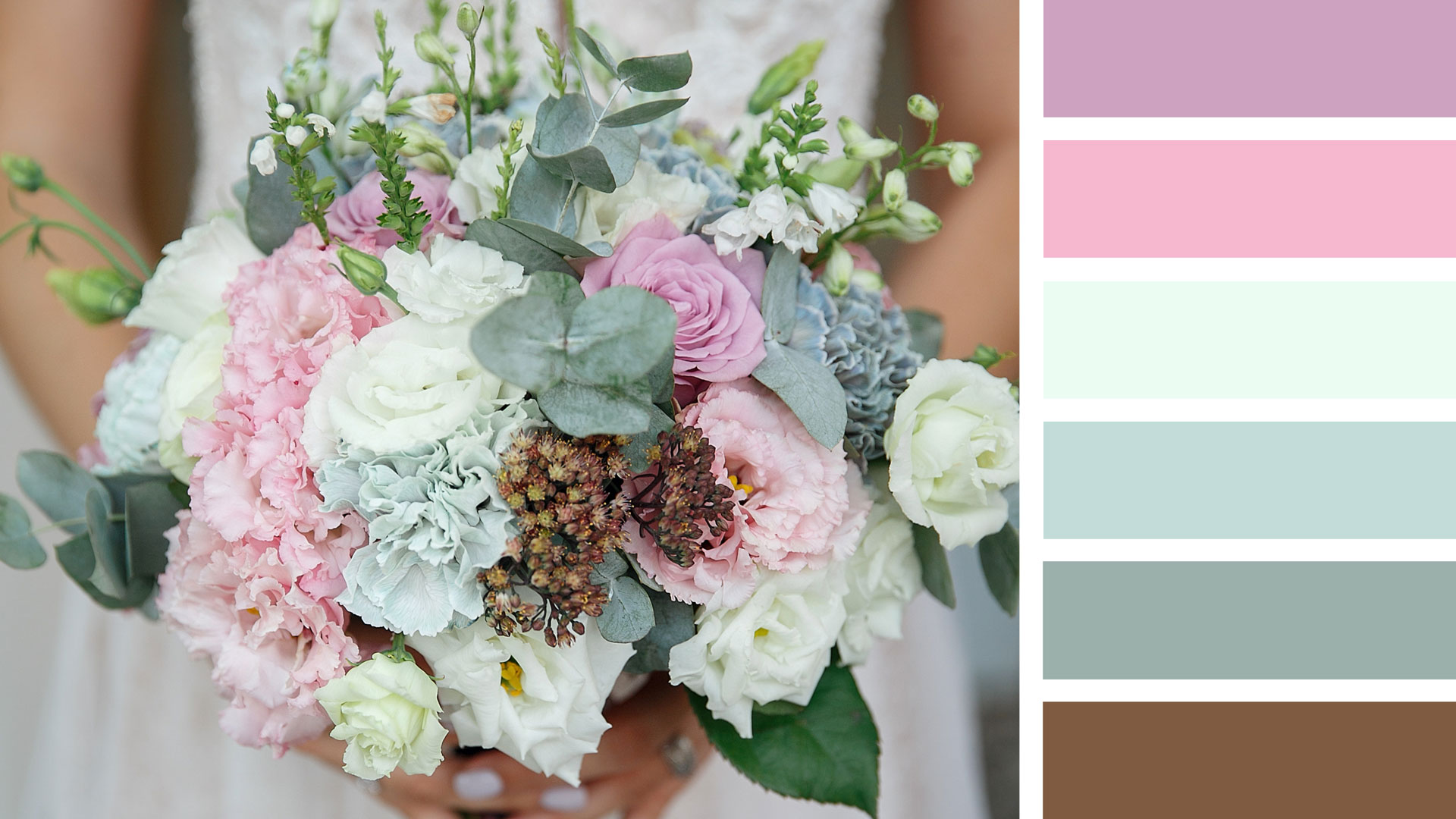 Рецепт свадебного букета круглой формы. Палитра: розовый, белый, серо-голубой, зеленый.