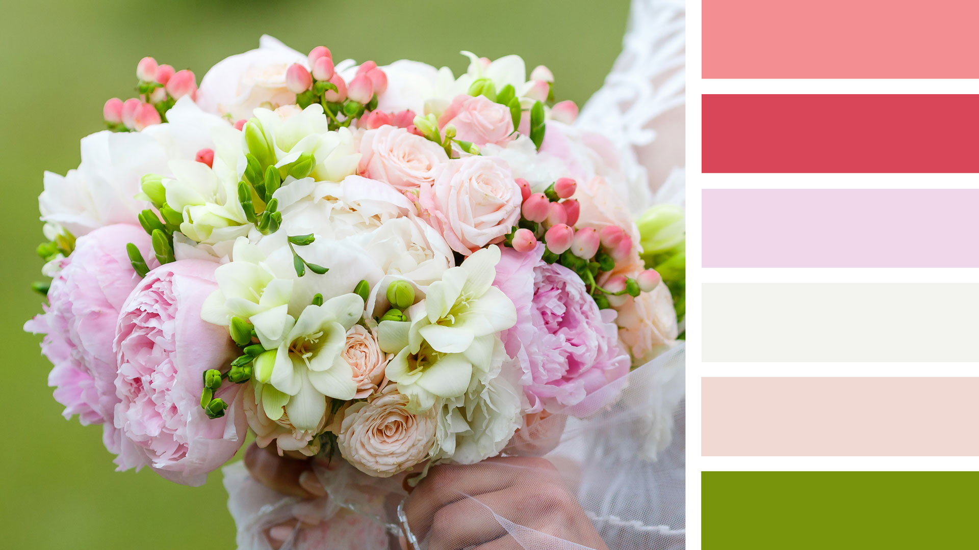 Рецепт свадебного букета круглой формы. Палитра: розовый, белый, кремовый, зеленый, красный, персиковый.