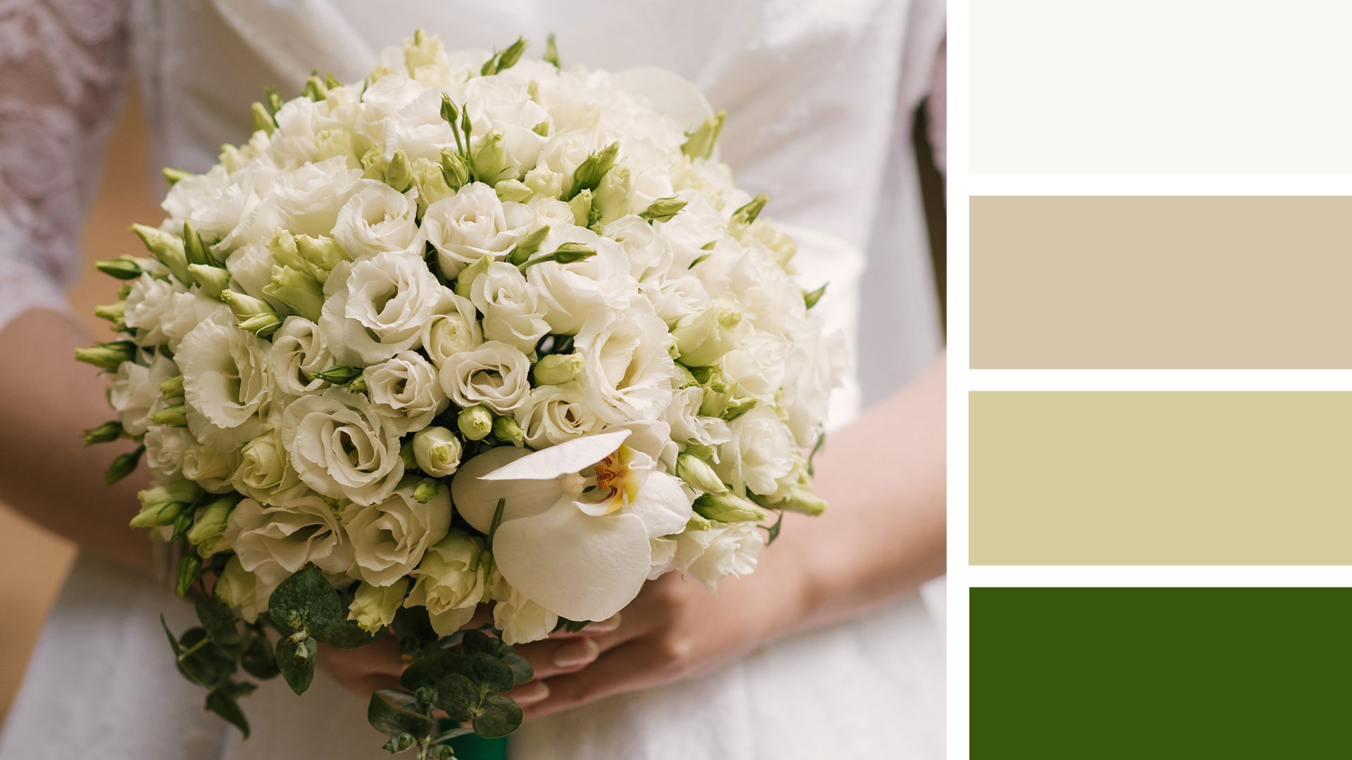 Рецепт свадебного букета круглой формы. Палитра: белый, зеленый.